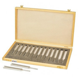Juego de 13 diapasones de acero, con estuche de madera.