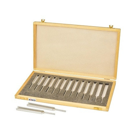 Juego de 13 diapasones de acero, con estuche de madera.